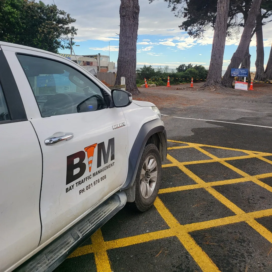 Bay Traffic Management Hilux at a coned worksite in Hawke's Bay