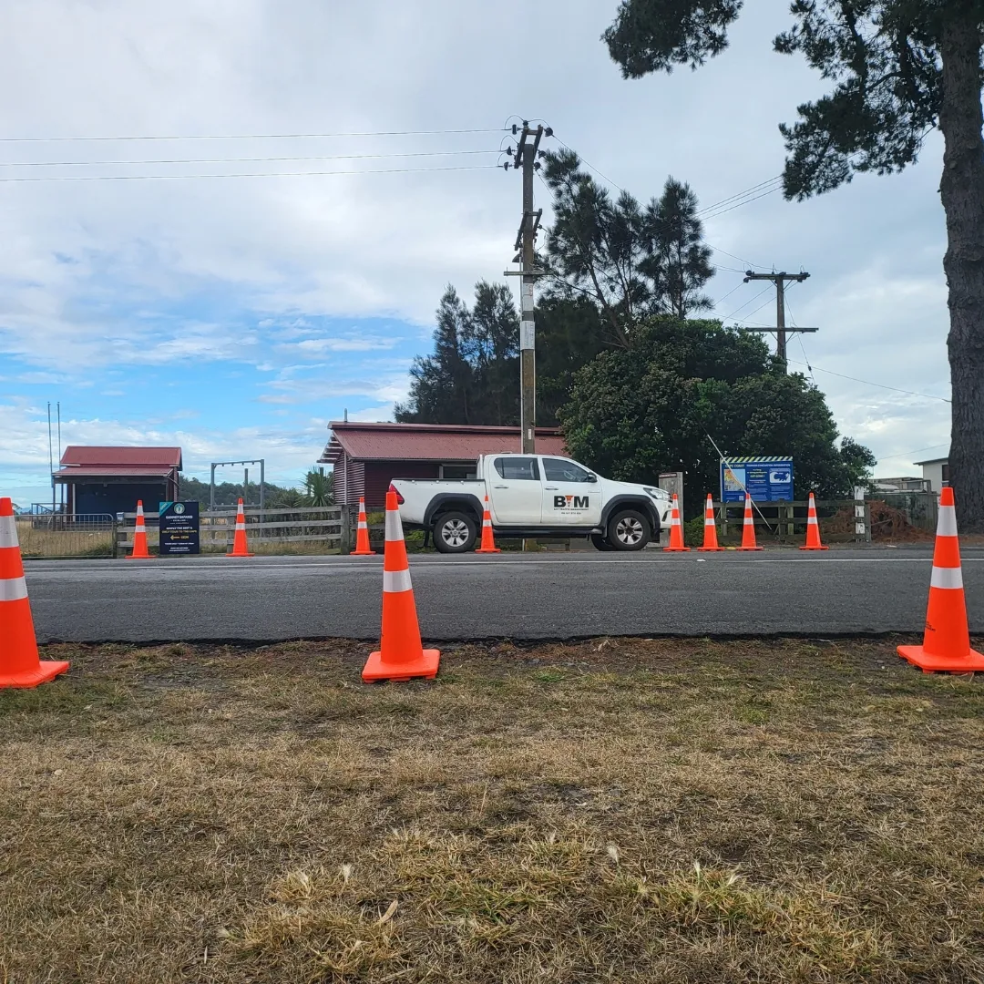 Cones and BTM ute managing access at a Havelock North reserve
